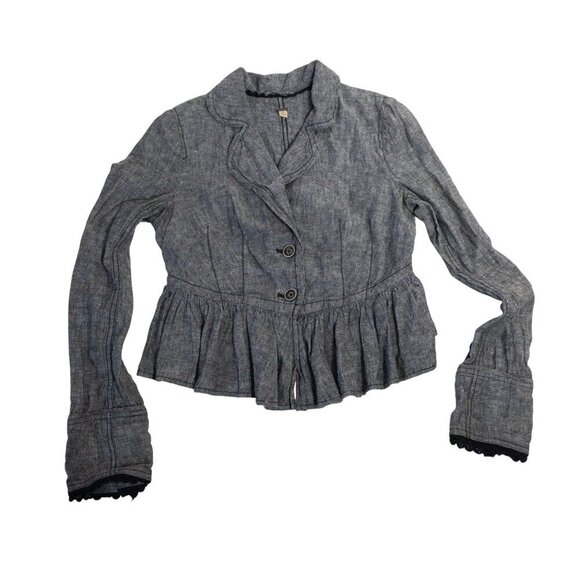 Free People Jackets & Blazers - Free People XS Gray Ruffled Peplum Jacket Linen Cotton Blend Indie Rock Twee